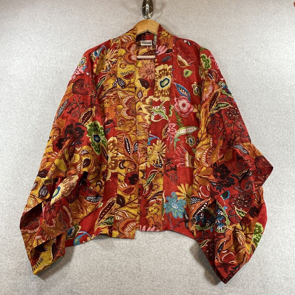 Chico’s Women’s S/M Red Orange Floral Rayon Kimono Jacket Boho Artsy Maximalist